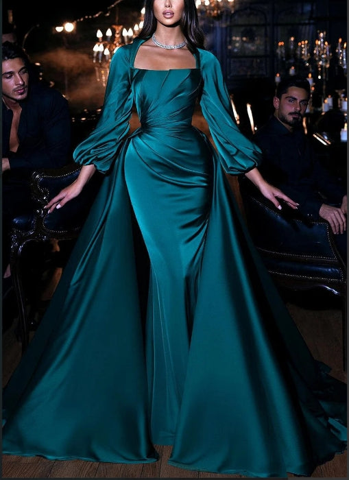 Luolandi Elegant Long Sleeves Floor Length Mermaid Prom Dress With Detachable Train Evening Dress