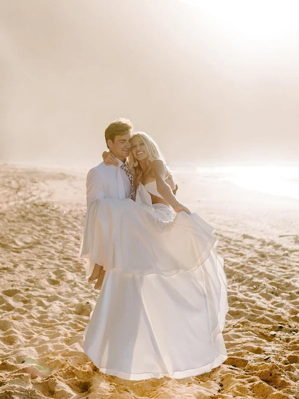 Luolandi Sexy Satin Two-pieces A-line Straight Sleeveless High-Waist Strapless Sweep Train Wedding Dresses Simple