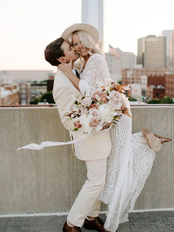 Luolandi Mermaid Wedding Dresses Long Sleeves Lace Long Bridal Gowns Elegant