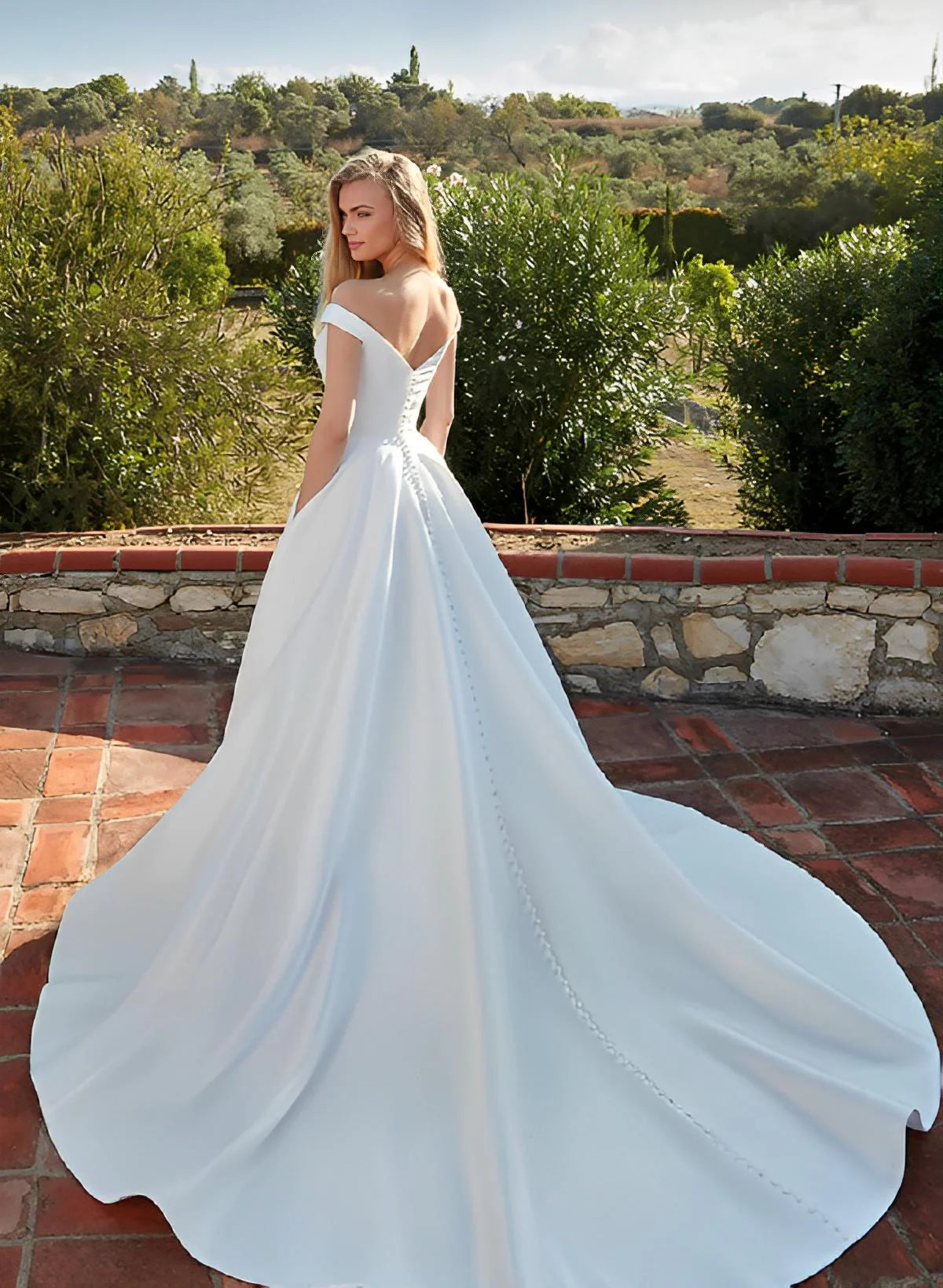 Luolandi Satin Off-The-Shoulder Ball-Gown Boho Wedding Dresses V-neck Floor Length Simple With Pockets