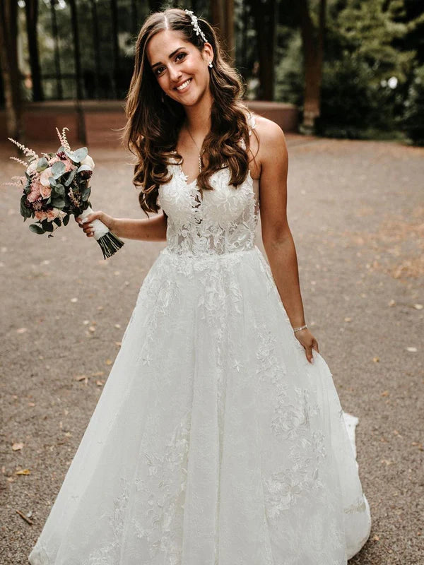 Luolandi Elegant Tulle A-line Backless Wedding Dresses Chapel Train Bridal Gowns Beautiful