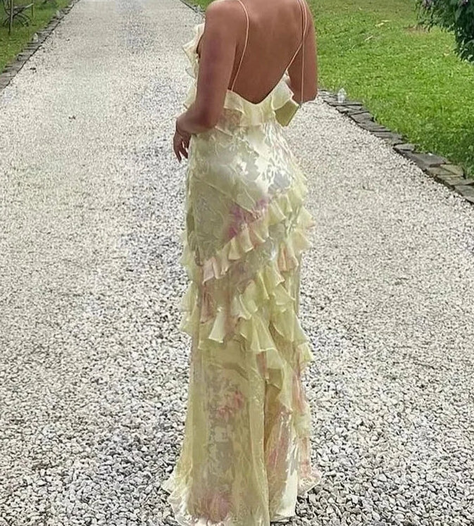 Luolandi Yellow Straps Ruffles Long Party Dress Weding Guest Dress Charming Evening Dress Formal Dress