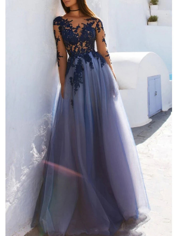 Luolandi Marvelous Tulle Long Sleeves Prom Dresses A-line Appliqued Illusion Gowns Elegant