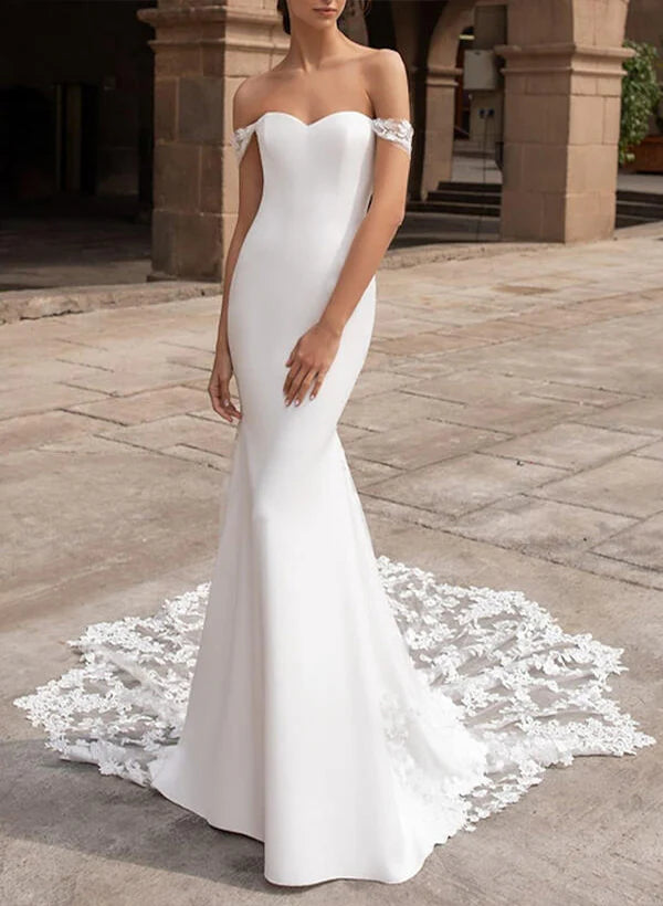 Luolandi Off The Shoulder Satin Lace Chapel Train Wedding Dresses With Lace - Trumpet/Mermaid Elegant