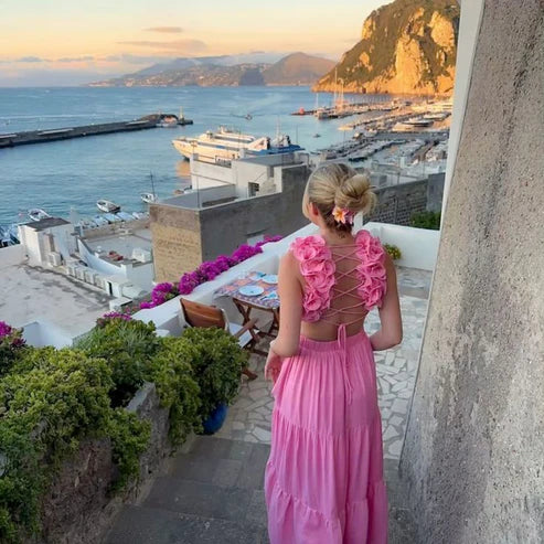 Luolandi Dress A Line V Neck Open Back Pink Floral Long Prom Dress Formal Graduation Evening Party Dress