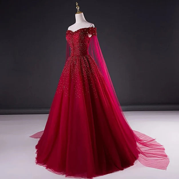 Luolandi Wine Red Tulle Beaded Tulle Sparkle Long Prom Dress Sweet 16 Gown Off Shoulder Elegant