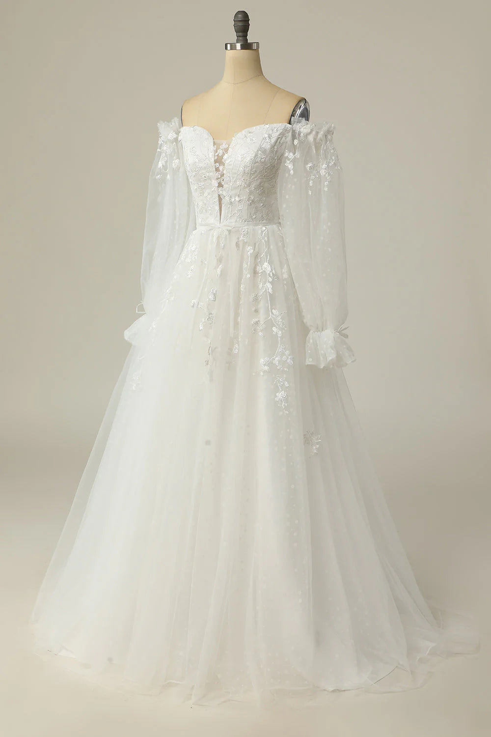 Luolandi Luxurious A-Line Off-The-Shoulder Wedding Dress With Appliques And Detachable Sleeves