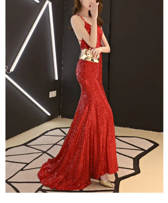 Luolandi Sexy Sequins Long Slit Cross Back Junior Prom Dress A-line Party Dress Formal Dress Sparkly Evening Dress