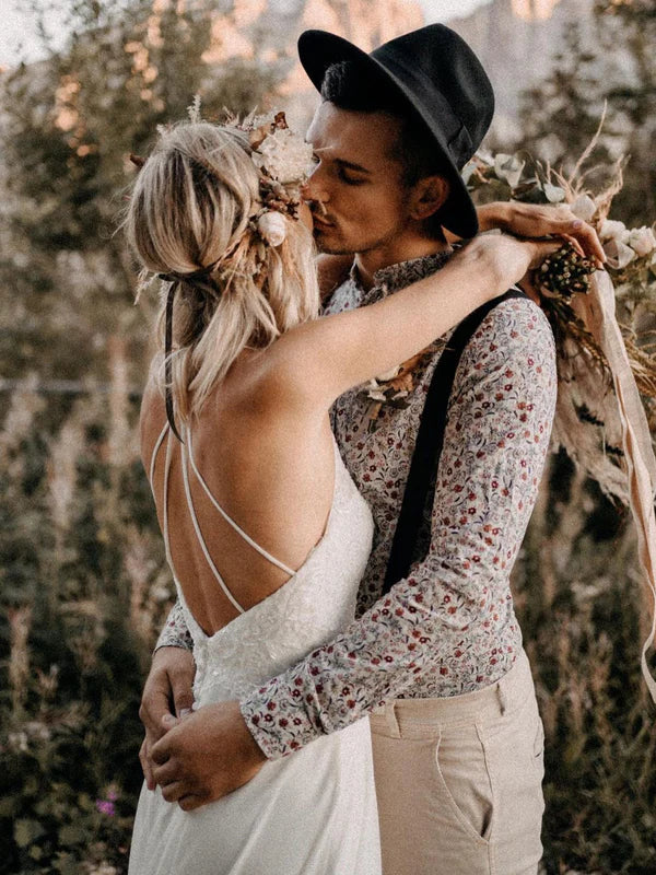 Luolandi Long Lace Chiffon Halter Neckline Backless Wedding Dresses Floor Length Elegant Bridal Gown