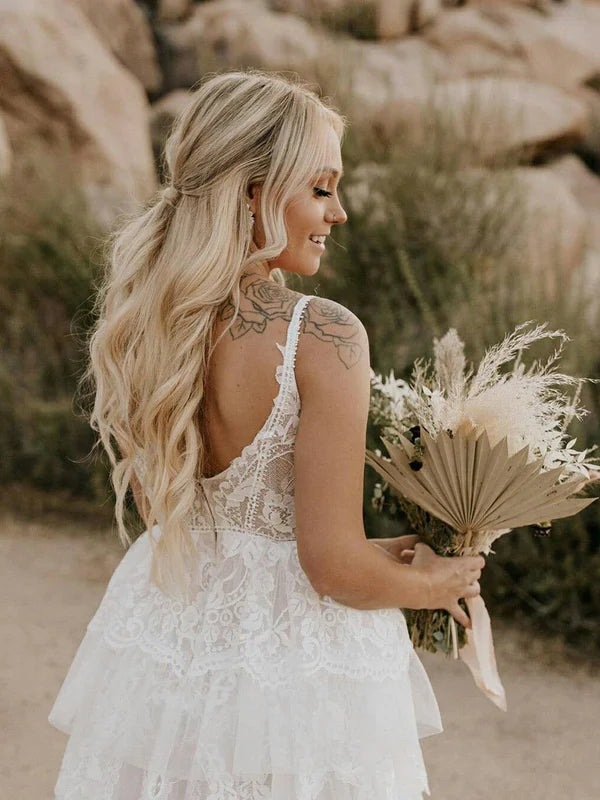 Luolandi Tiered Lace Spaghetti Straps Backless A-line Wedding Dresses Charming Bridal Gown