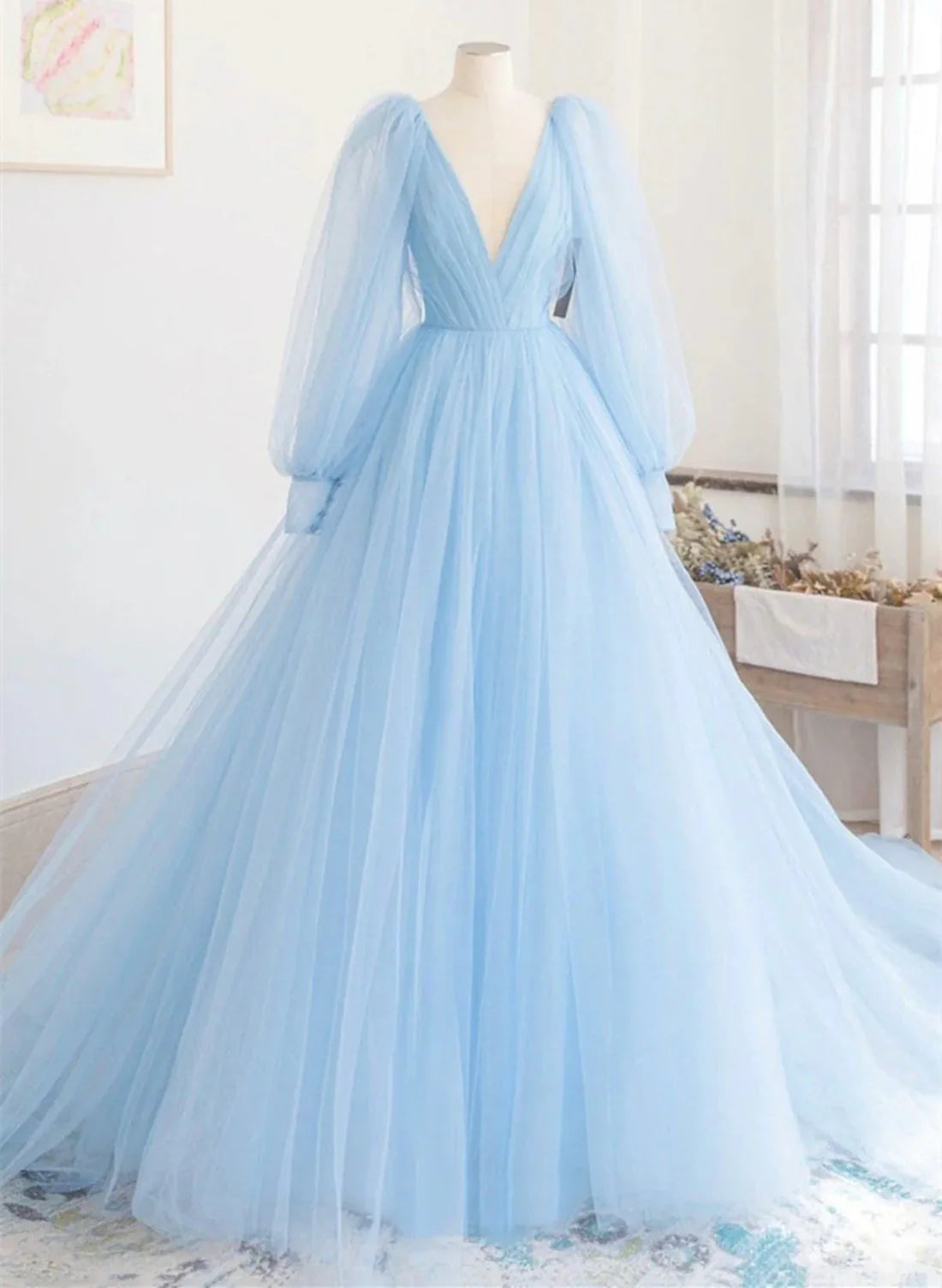 Luolandi Light Blue Long Sleeves V Neck Long Formal Dress A-Line Evening Dress Prom Dress