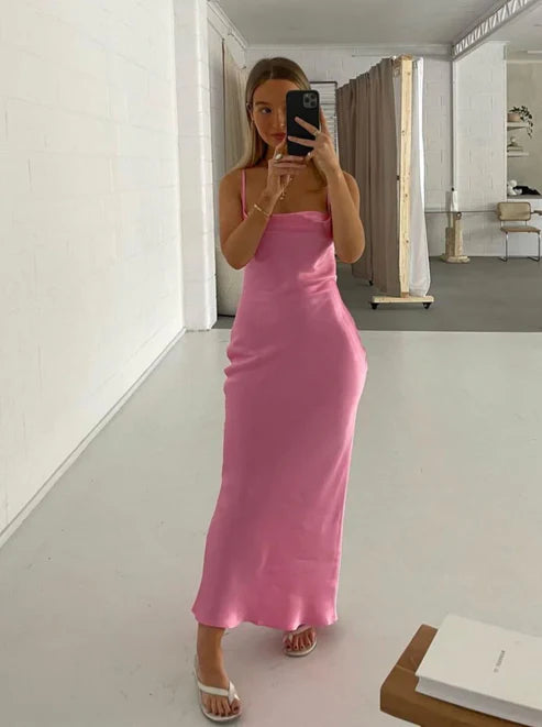 Luolandi Pink Spaghetti Straps Sheath Satin Long Party Dress Solid Color Simple Formal Dress