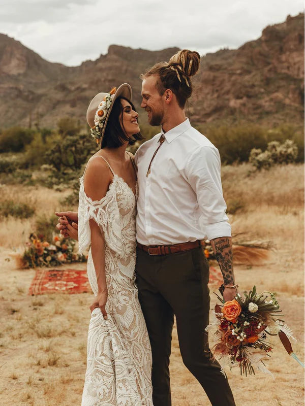 Luolandi Bohemia Lace Spaghetti Straps Chapel Train Mermaid Wedding Dress Sexy Elegant