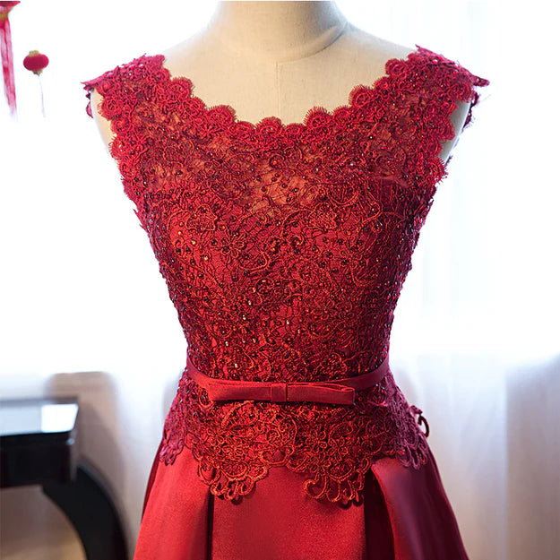 Luolandi Beautiful Dark Red Lace Long Junior Prom Dress Lace Party Dress Elegant Evening Dress