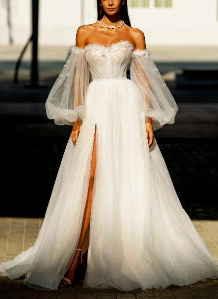 Luolandi Off-The-Shoulder Long Sleeves Tulle Sweep Train Wedding Dress With Sequins Flower(S) And Slit