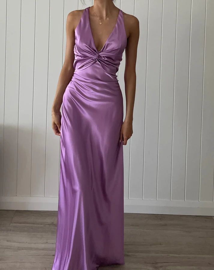 Luolandi Elegant Purple V Neck Open Back Sheath Satin Long Prom Dress Sexy Party Dress