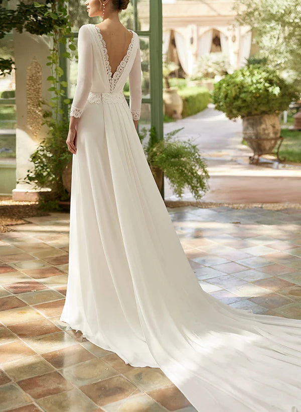 Luolandi Boho Lace Square Neckline A-Line Wedding Dresses Floor Length With Sleeves Elegant