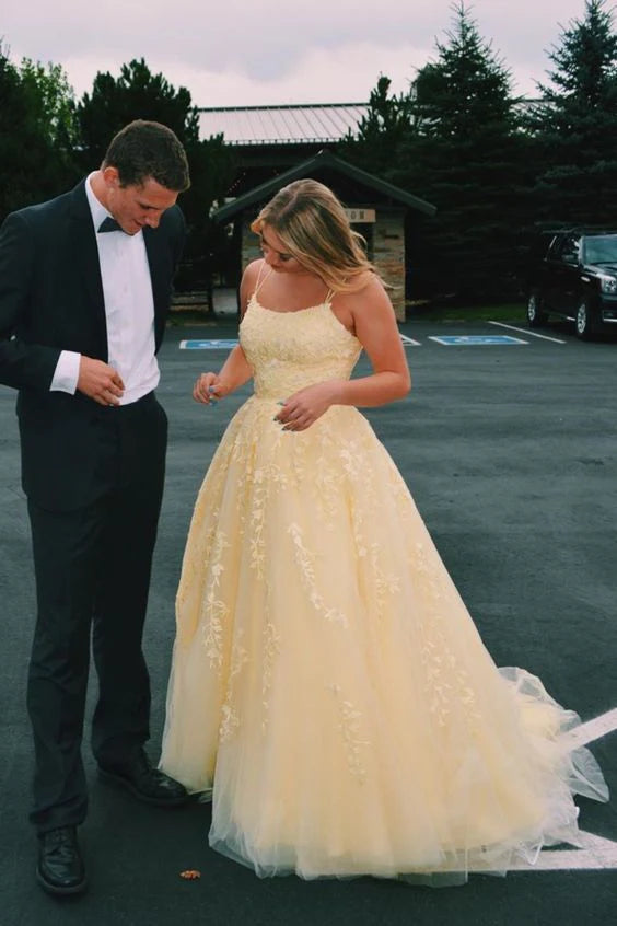 Luolandi Yellow Tulle Lace Long Prom Dress Charming Party Dress With Appliques