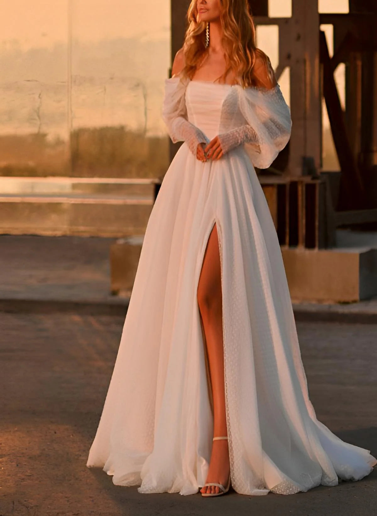 Luolandi A-Line Off-The-Shoulder Sleeveless Sweep Train Tulle Wedding Dresses With Split Front Elegant