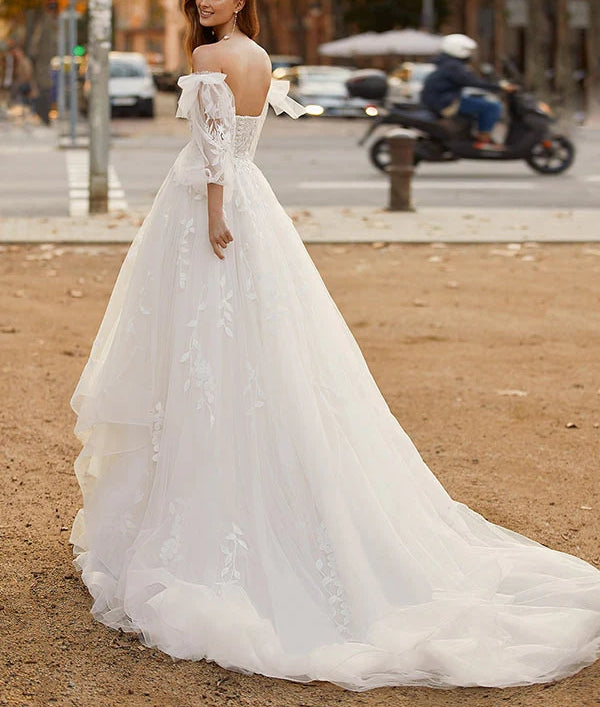 Luolandi A-Line Sweetheart Long Sleeves Sweep Train Lace/Tulle Wedding Dresses With Lace Off Shoulder