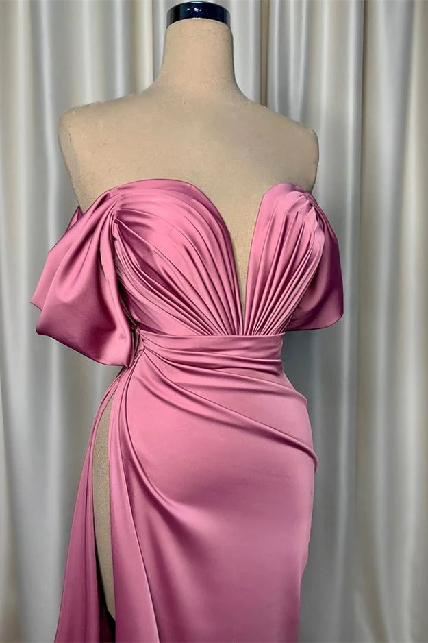 Luolandi Elegant Pink Evening Dress Charmeuse V Neck With Pleated Slit Off Shoulder Sexy