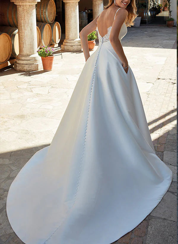 Luolandi Satin Wedding Dress With Lace A Line V-neck Sleeveless Floor Length With Pockets Simple