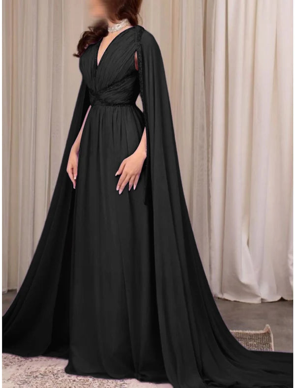 Luolandi A-Line Evening Gown Elegant Dress Formal Fall Court Train Long Sleeve V Neck Chiffon with Pleats Sequin Floor Length
