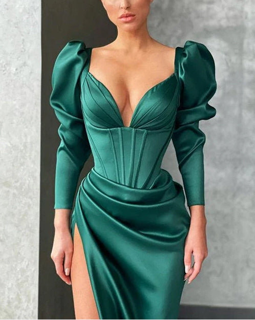 Luolandi Dark Green Bubble Sleeves High Split Mermaid Prom Dress Sexy Evening Dress Formal Dress