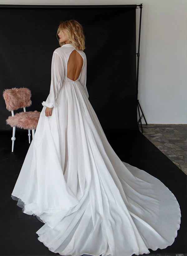 Luolandi Ball-Gown Long Sleeves Court Train Wedding Dresses With Front Split V-neck Floor Length Simple