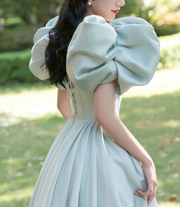 Luolandi Green Princess A-Line Prom Dress Beautiful Puff Sleeve Formal Party Dress Floor Length