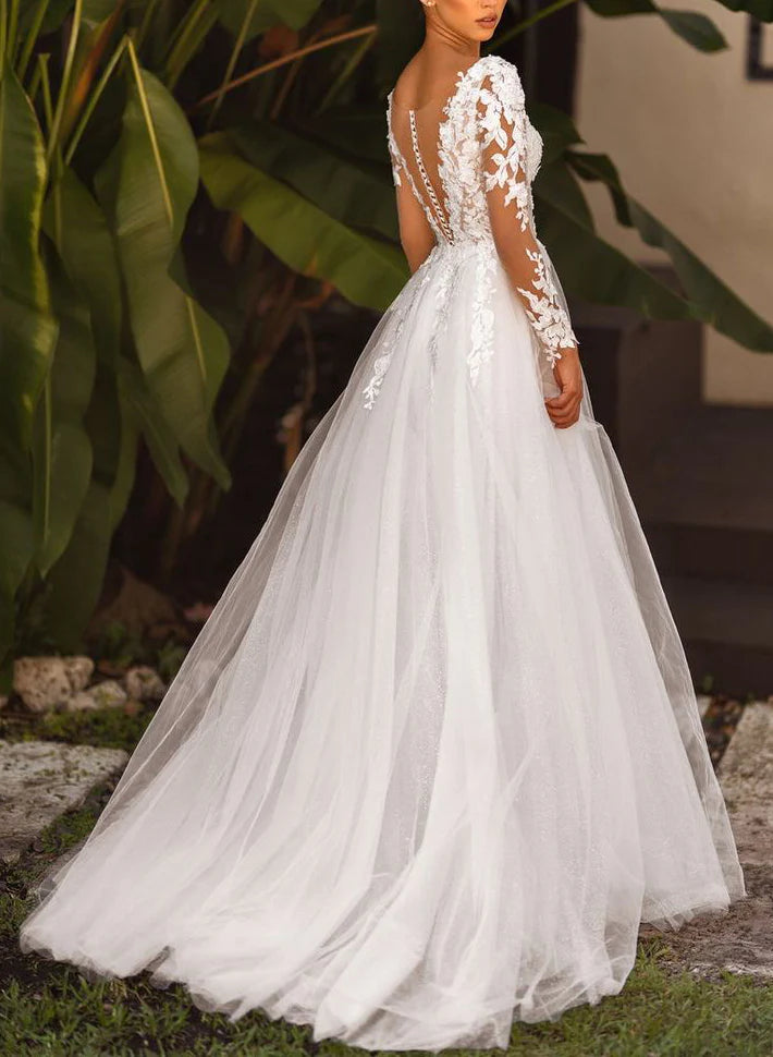 Luolandi Elegant Princess Long Sleeve Lace Wedding Dress V-neck Floor Length With Slit