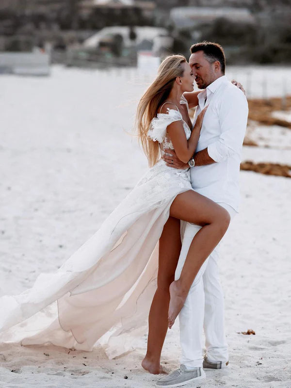 Luolandi Romantic Spaghetti Straps Floral Lace Long Wedding Dresses Floor Length Elegant Beautiful