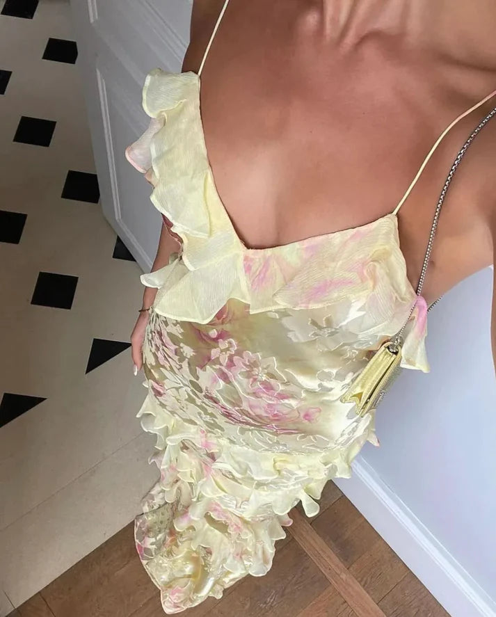 Luolandi Yellow Spaghetti Straps Ruffle Long Prom Dress with Ruffles Formal Dress Beautiful Party Dress