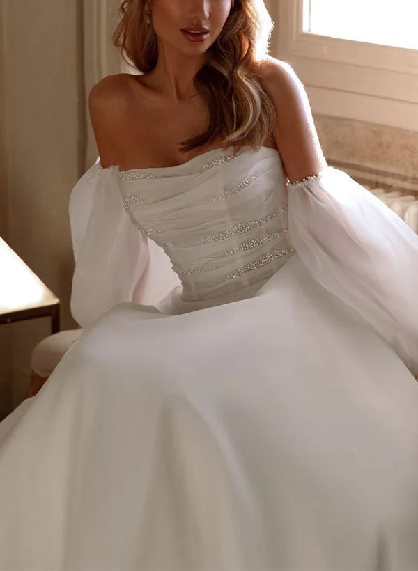 Luolandi Elegant Organza Wedding Dress With Beading And A-Line Silhouette Off Shoulder Floor Length