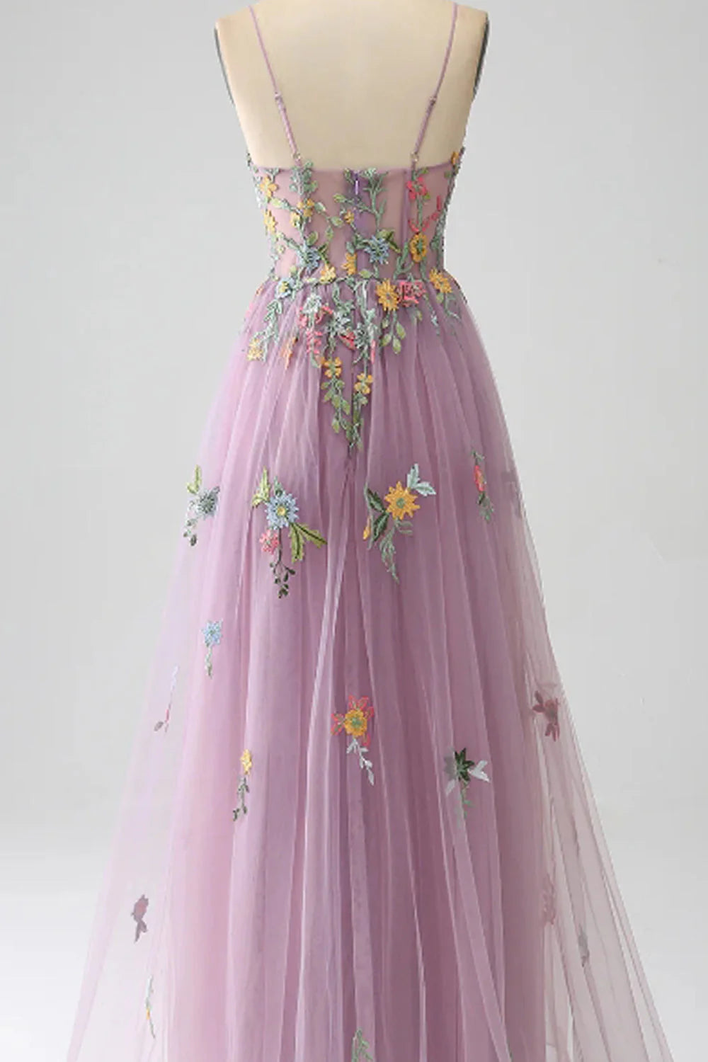 Luolandi Lilac A-Line Spaghetti Straps Long Prom Dress With Appliques V-neck With Flowers