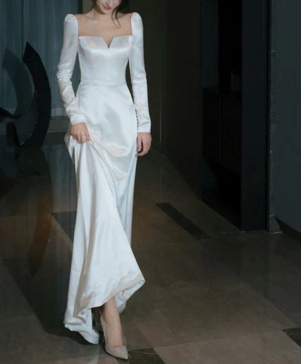 Luolandi Long Sleeves Satin Long Party Dress Wedding Dress Elegant Evening Dress Formal Dress