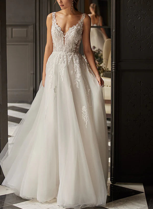 Luolandi Sleeveless Sweep Train Tulle Wedding Dress With Appliques Lace Floor Length Elegant