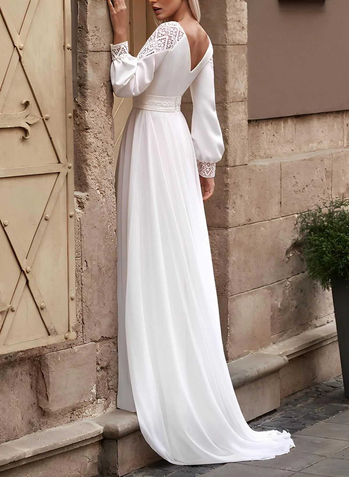 Luolandi A-Line Long Sleeves Sweep Train Chiffon Wedding Dresses With Lace Elegant