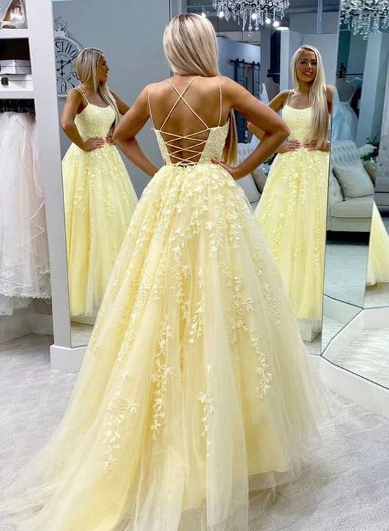 Luolandi Yellow Tulle Lace Long Prom Dress Charming Party Dress With Appliques