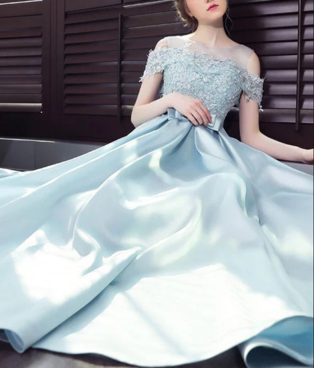 Luolandi Blue Satin A-line Long Party Dress Elegant Prom Dress Chic Evening Dress With Bow