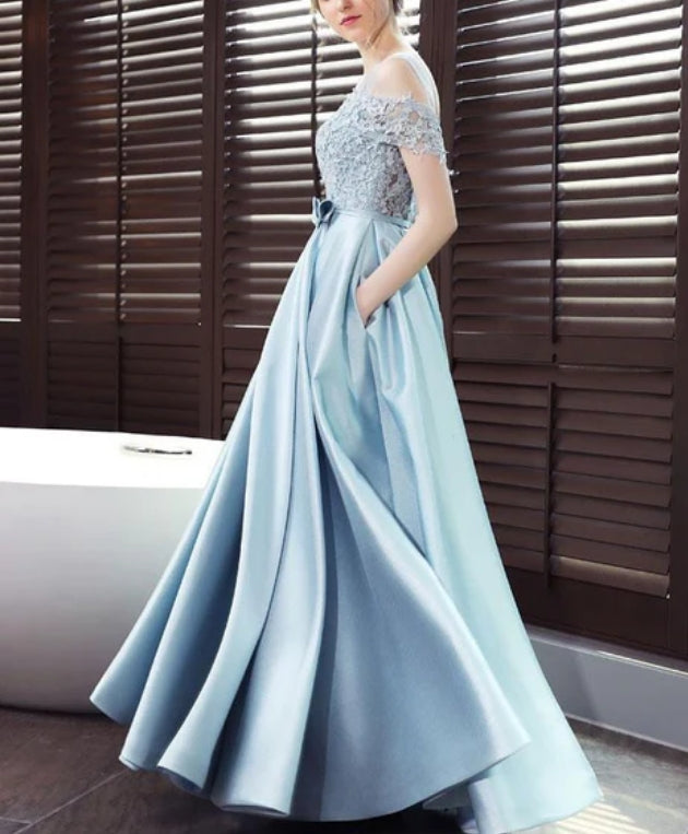 Luolandi Blue Satin A-line Long Party Dress Elegant Prom Dress Chic Evening Dress With Bow