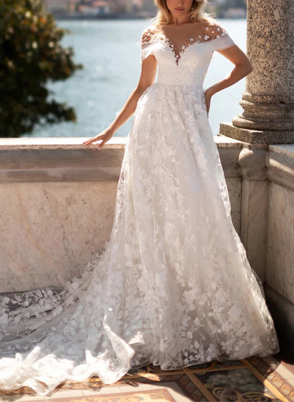 Luolandi Illusion Neck Lace Wedding Dress A Line Floor Length with Appliques Elegant Beautiful