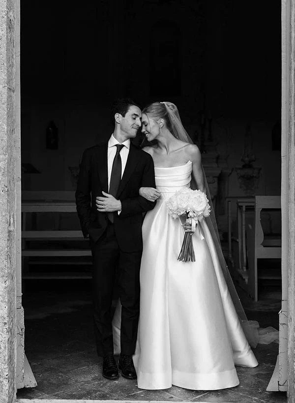 Luolandi Satin Strapless Ball-Gown Wedding Dress With Sweep Train Off Shoulder Floor Length Simple