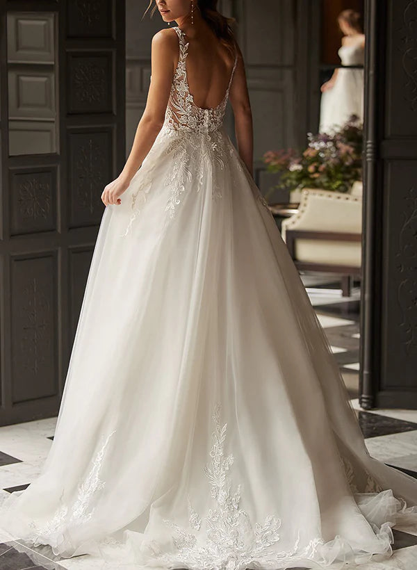 Luolandi Sleeveless Sweep Train Tulle Wedding Dress With Appliques Lace Floor Length Elegant