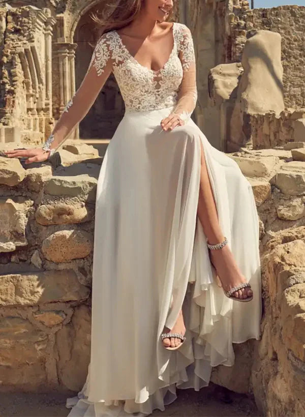 Luolandi A-Line V-Neck Long Sleeves Lace/Tulle Wedding Dresses With Front Split Elegant Bridal Gown