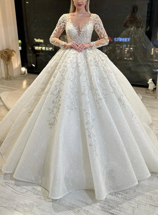 Luolandi Ball-Gown Illusion Neck With Long Sleeves Lace/Tulle Elegant Wedding Dresses A Line Floor Length  Sparkly