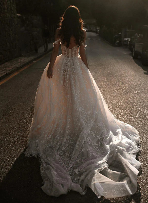 Luolandi Lace Wedding Dress With Detachable Sleeve A Line Off Shoulder Floor Length With Appliques And Slit