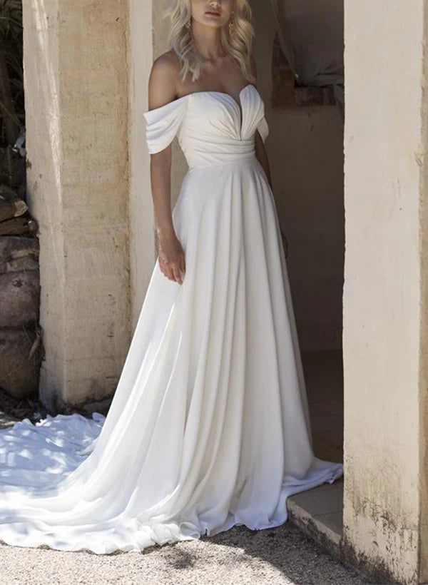 Luolandi Off-The-Shoulder Sleeveless Chiffon Wedding Dresses Floor Length Solid Color Elegant