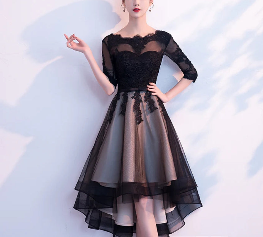 Luolandi Champagne and black High Low Short Sleeves Party Dress High Low homecoming Dress Formal Dresses Elegant Cocktail Dress