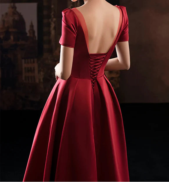 Luolandi Wine Red Satin Low Back Lace-up Short Sleeves Party Dress Formal Dresses Elegant Evening Dress
